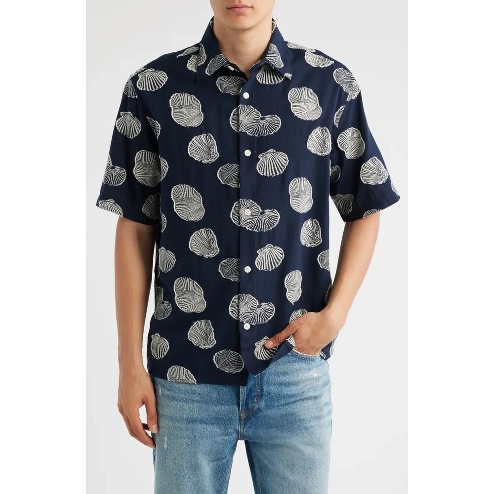 NN07 Button Shirt Mens Medium Navy Blue Seashell Jacquard FREDDY $230